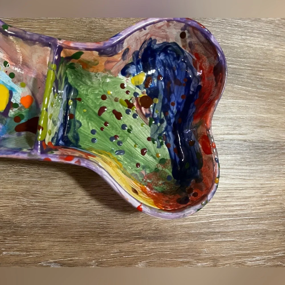 Handmade Pottery Dog Bowl Double Dish Art Ceramic Colorful Unique Signed 2022